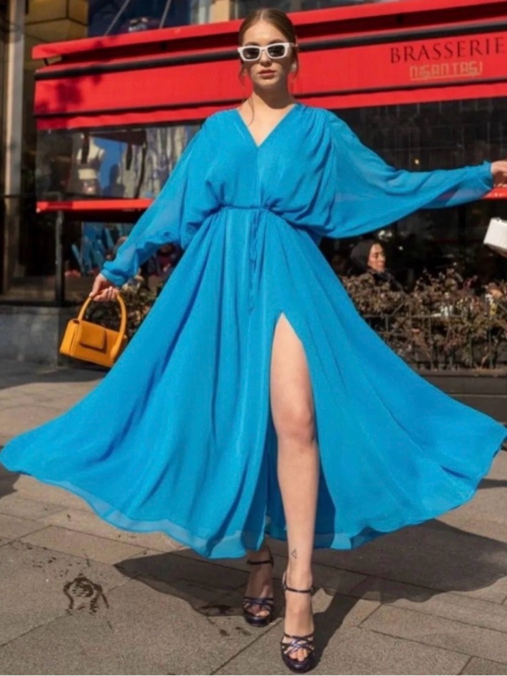 H&M V-Neck Turquoise Maxi Dress with Side Slit